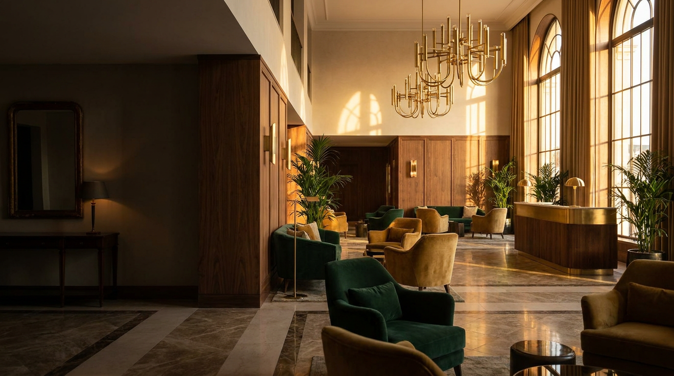 Lobby de l'Hôtel Solène à l'heure dorée